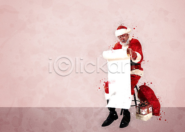 남자 중년 한명 PSD 일러스트 들기 번짐 보따리 산타클로스 선물상자 수채화(물감) 앉기 응시 의자 전신 종이