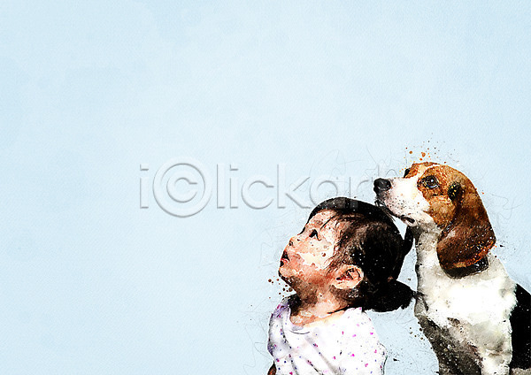아기 여자 여자아기한명만 한명 PSD 일러스트 강아지 번짐 비글 상반신 수채화(물감) 앉기 응시 한마리