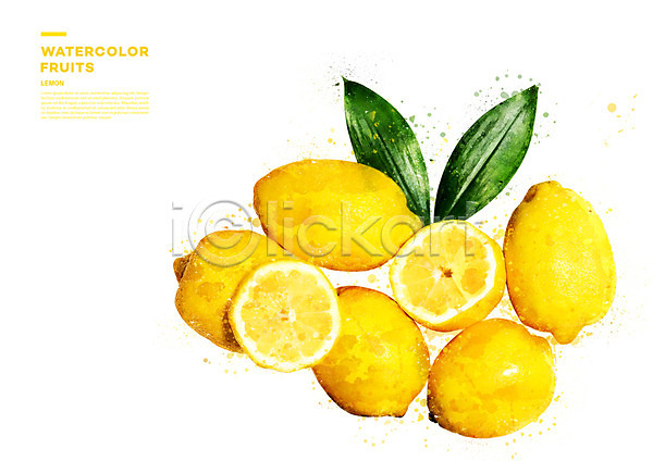 사람없음 PSD 일러스트 과일 나뭇잎 단면 레몬 번짐 수채화(물감)