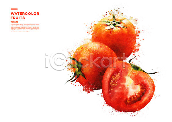 사람없음 PSD 일러스트 과채 단면 번짐 빨간색 세개 수채화(물감) 토마토