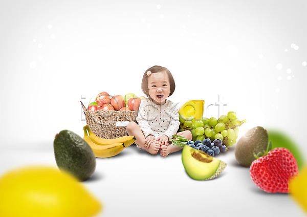 아기 여자 여자아기한명만 한국인 한명 PSD 편집이미지 과일 다양 딸기 레몬 멜론 바구니 바나나 블루베리 사과 아보카도 앉기 청포도 편집