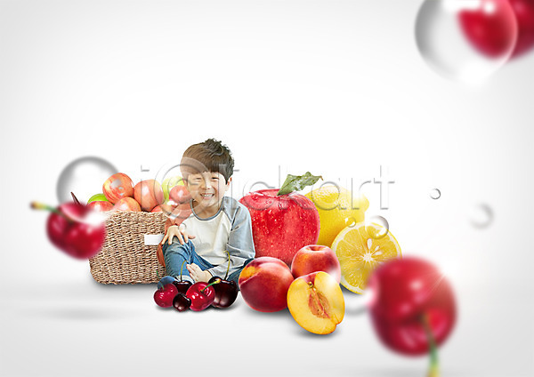남자 소년한명만 어린이 한국인 한명 PSD 편집이미지 과일 다양 물방울 바구니 복숭아 사과 앉기 웃음 체리 편집