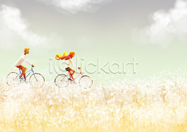 남자 두명 성인 여자 PSD 일러스트 가을(계절) 갈대밭 자전거 전신 축제 커플 풍경(경치)