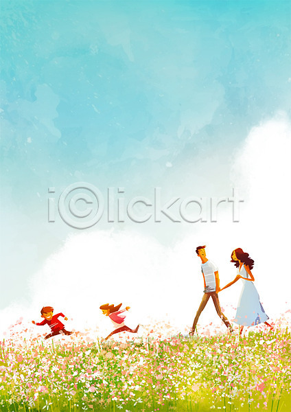 남자 성인 어린이 여러명 여자 PSD 일러스트 가을(계절) 가족 꽃밭 전신 초원(자연) 축제 풍경(경치) 하늘