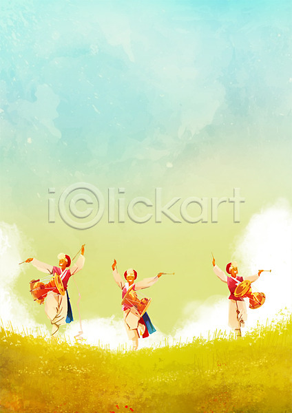 남자 성인 세명 PSD 일러스트 가을(계절) 전신 전통무용 초원(자연) 축제 풍경(경치) 풍물놀이 하늘