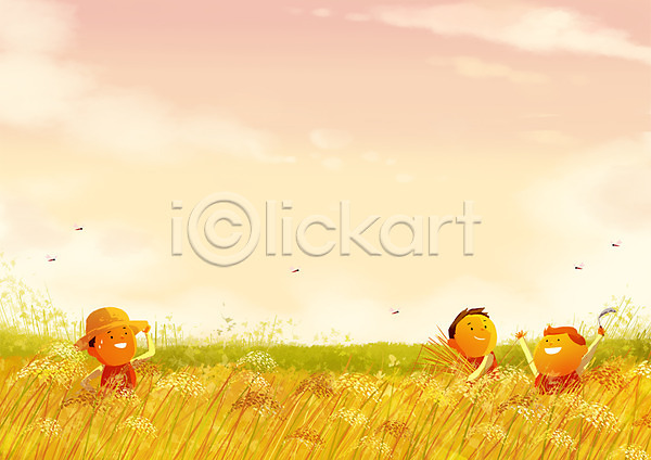 체험 남자 성인 세명 어린이 PSD 일러스트 가을(계절) 노을 농촌체험 벼 상반신 잠자리 축제 풍경(경치) 하늘
