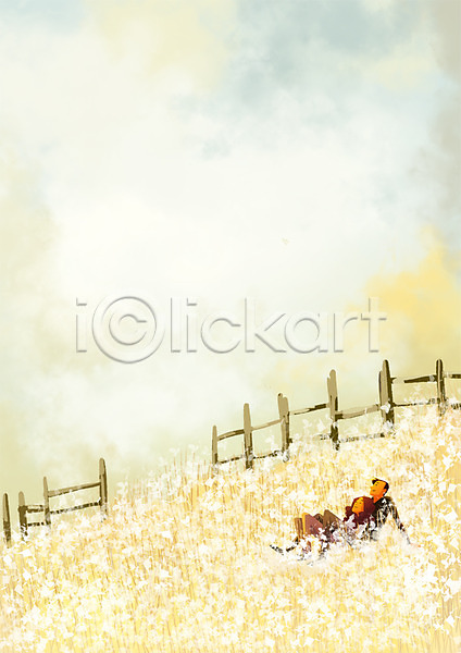 남자 두명 성인 여자 PSD 일러스트 가을(계절) 갈대밭 눕기 울타리 전신 축제 커플 풍경(경치)
