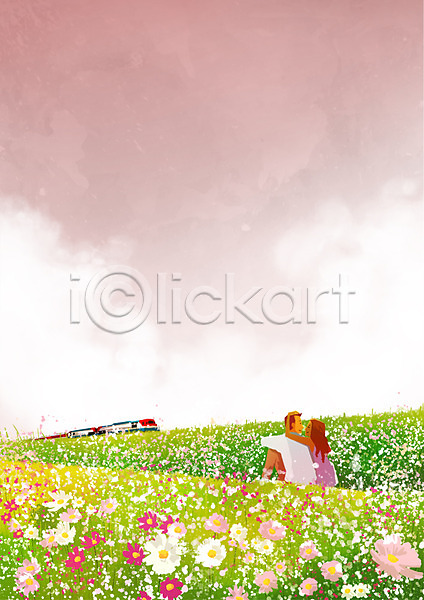 남자 두명 성인 여자 PSD 일러스트 가을(계절) 기차 꽃밭 축제 커플 코스모스(꽃) 풍경(경치)