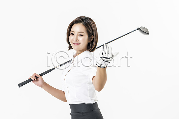 20대 성인 성인여자한명만 여자 한국인 한명 JPG 앞모습 포토 골프 골프채 비즈니스우먼 상반신 스튜디오촬영 실내 웃음 정장