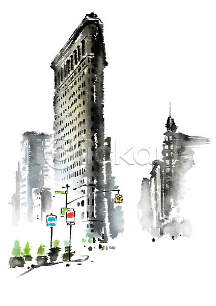 사람없음 PSD 일러스트 건축물 고층빌딩 뉴욕 도시 랜드마크 미국 여행 캘리그라피 플랫아이언빌딩