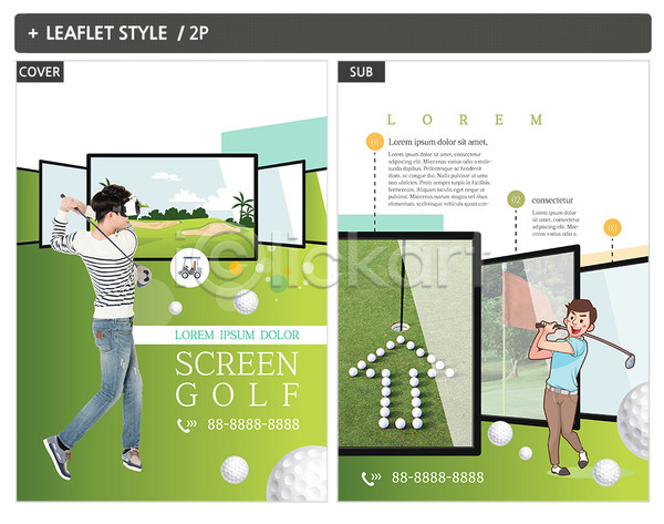 30대 남자 두명 성인 성인남자만 한국인 INDD ZIP 인디자인 전단템플릿 VR기기 가상현실 골프 골프공 골프채 스크린 전단 팜플렛 포스터 화살표