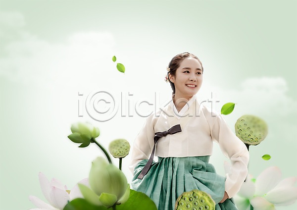 20대 성인 성인여자한명만 여자 한국인 한명 PSD 편집이미지 구름(자연) 명절 상반신 연꽃(꽃) 웃음 편집 하늘 한국전통 한복