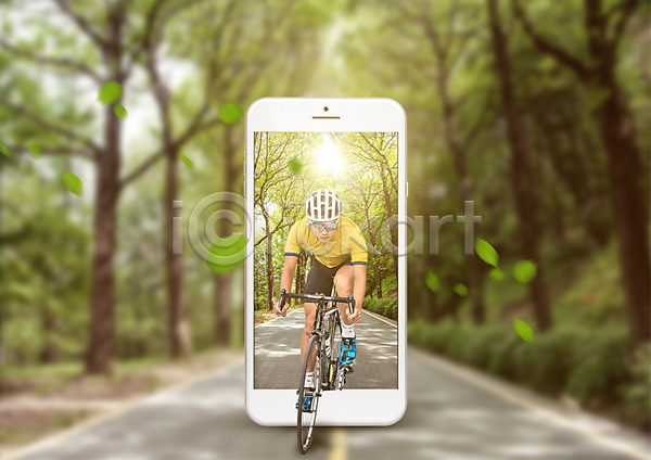 20대 남자 성인 성인남자한명만 한국인 한명 PSD 편집이미지 고글 나무 나뭇잎 사이클링 숲길 스마트폰 안식처 여행 자전거 편집 헬멧