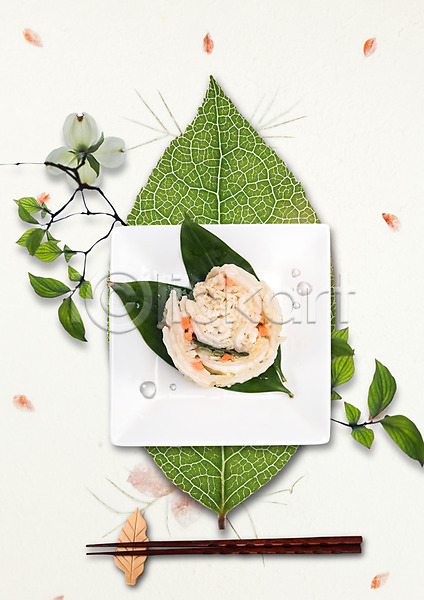 사람없음 PSD 편집이미지 김치 꽃 나뭇가지 나뭇잎 물방울 백김치 장식 접시 젓가락 젓가락받침대 편집 플랫레이 한식