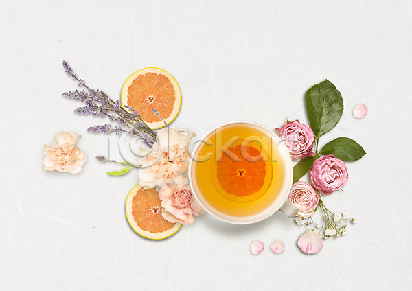 사람없음 PSD 편집이미지 과일 과일조각 꽃 꽃잎 나뭇잎 오렌지 차(음료) 찻잔 편집 플랫레이