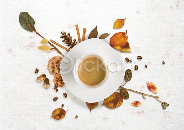 사람없음 PSD 편집이미지 나뭇가지 나뭇잎 낙엽 도토리 솔방울 원두 커피 커피잔 컵받침 편집 플랫레이
