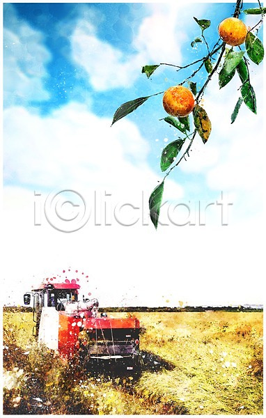 감성 사람없음 PSD 일러스트 가을(계절) 감나무 나뭇가지 농기구 농사 수채화(물감) 추수 트랙터 풍경(경치) 하늘