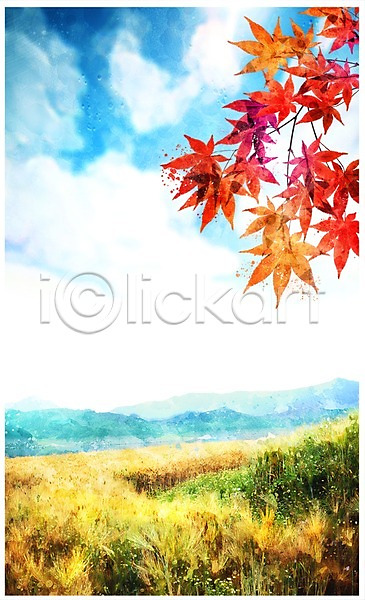 감성 사람없음 PSD 일러스트 가을(계절) 나뭇가지 단풍 벼 보리 수채화(물감) 추수 풍경(경치) 하늘
