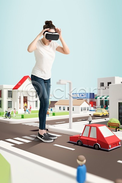 상상 20대 성인 성인여자한명만 여자 한국인 한명 PSD 디지털합성 편집이미지 VR기기 가상현실 거리 도로 도시 오큘러스 자동차 전신 주택 합성