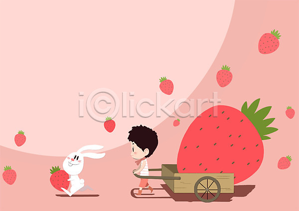 남자 어린이 한명 PSD 일러스트 동물 딸기 수레 운반 전신 토끼 한마리