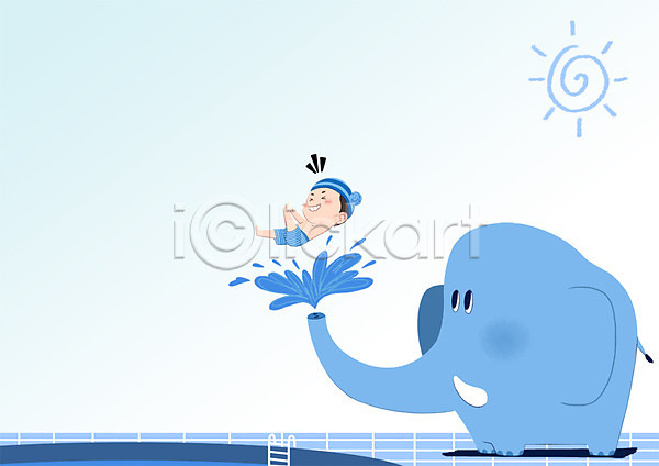 남자 어린이 한명 PSD 일러스트 동물 미끄럼틀 수영장 전신 코끼리