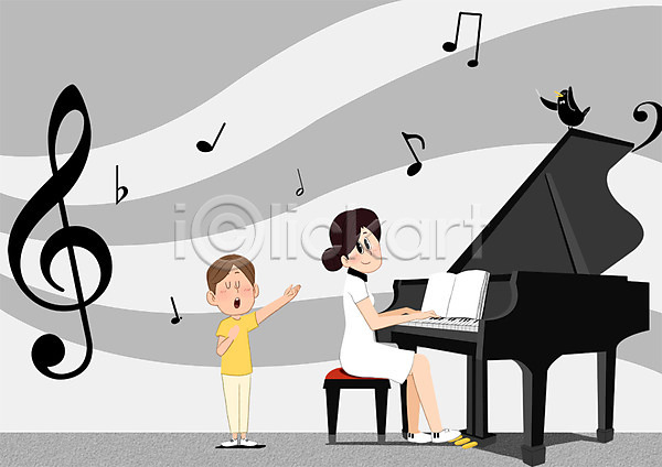 남자 두명 성인 여자 청소년 PSD 일러스트 건반 노래 높은음자리표 스쿨라이프 악기 음악 음표 전신 피아노(악기) 학교 학생
