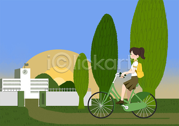 여자 청소년 한명 PSD 일러스트 교복 나무 등교 스쿨라이프 자전거 전신 학교 학생