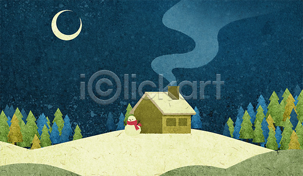 사람없음 PSD 일러스트 겨울 겨울배경 계절 나무 눈사람 백그라운드 숲 야간 언덕 연기 주택 초승달