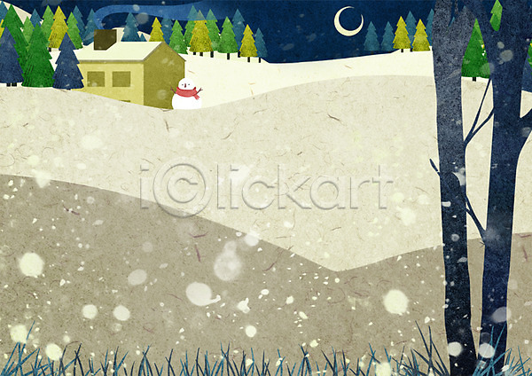 사람없음 PSD 일러스트 겨울 겨울배경 계절 나무 눈(날씨) 눈사람 마을 백그라운드 설원 숲 주택 초승달