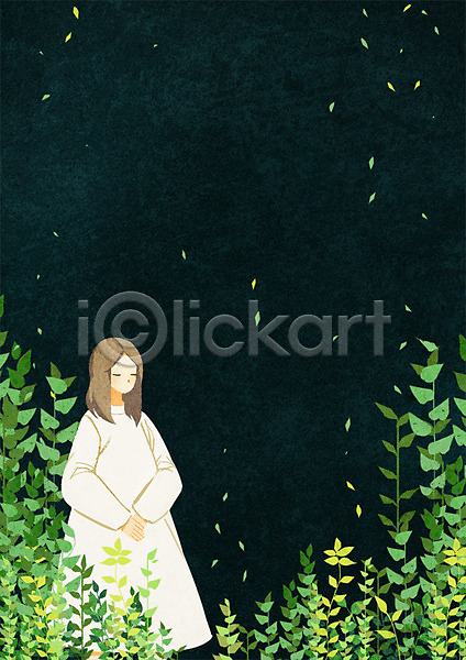 성인 여자 한명 PSD 일러스트 계절 나뭇잎 밤하늘 백그라운드 상반신 식물