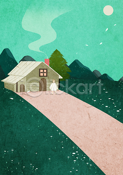 성인 여자 한명 PSD 일러스트 계절 나무 백그라운드 산 연기 전신 주택 초원(자연)