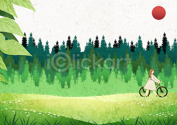산책 성인 여자 한명 PSD 일러스트 계절 나무 백그라운드 자전거 전신 초원(자연) 태양