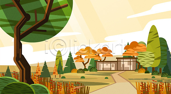 사람없음 AI(파일형식) 일러스트 가을(계절) 가을배경 건축 길 나무 단풍 백그라운드 자연 정원 주택 초원(자연)