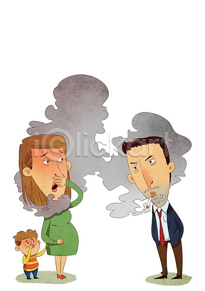 불만 불쾌함 남자 성인 세명 어린이 여자 PSD 일러스트 금연 담배 담배연기 임산부 전신 캠페인 흡연