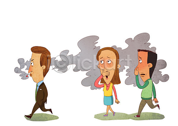 불쾌함 남자 성인 성인만 세명 여자 PSD 일러스트 거리 걷기 냄새 담배 담배연기 전신 흡연
