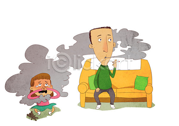 불쾌함 남자 두명 성인 어린이 여자 PSD 일러스트 냄새 담배 담배연기 소파 울음 전신 집안 흡연