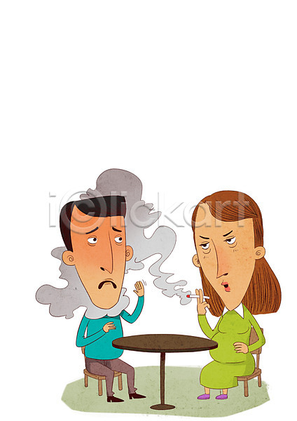 불쾌함 위험 남자 두명 성인 여자 PSD 일러스트 금연 담배 담배연기 임산부 전신 탁자 흡연