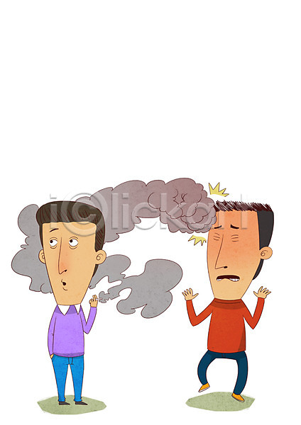 불쾌함 남자 두명 성인 PSD 일러스트 냄새 담배 담배연기 전신 흡연