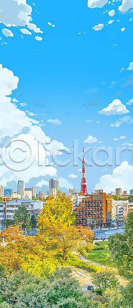 사람없음 PSD 일러스트 가을(계절) 가을배경 건물 구름(자연) 나무 도시 도쿄타워 랜드마크 백그라운드 애니메이션 일본 하늘