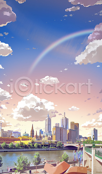 사람없음 PSD 일러스트 강 구름(자연) 노을 다리(건축물) 도시 도시풍경 무지개 백그라운드 빌딩 애니메이션 하늘