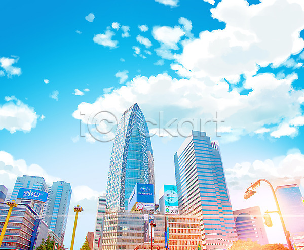 사람없음 PSD 일러스트 건물 구름(자연) 도시 도시풍경 백그라운드 빌딩 빌딩숲 애니메이션 일본 하늘