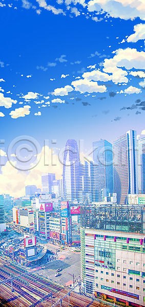 사람없음 PSD 일러스트 건물 구름(자연) 기찻길 도시 도시풍경 백그라운드 빌딩숲 애니메이션 일본 철도의날 하늘