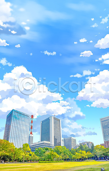 사람없음 PSD 일러스트 건물 공원 구름(자연) 나무 도시 도시풍경 백그라운드 빌딩 애니메이션 잔디 초원(자연) 하늘