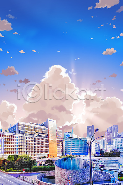 사람없음 PSD 일러스트 가로등 건물 구름(자연) 도시 도시풍경 백그라운드 빌딩 빌딩숲 애니메이션 하늘