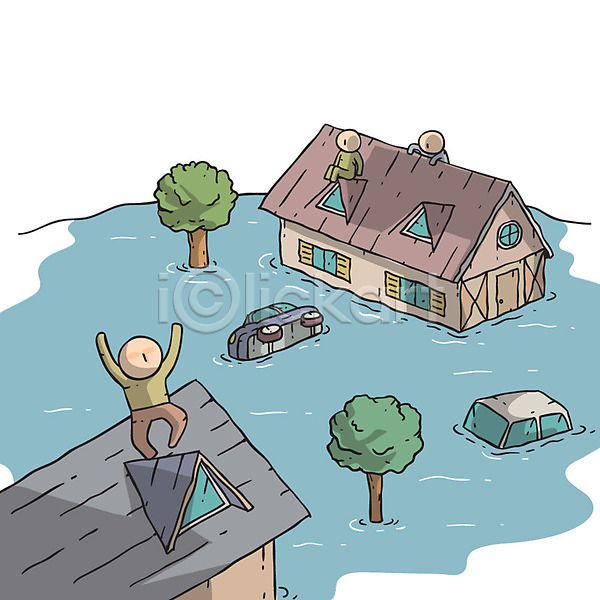 구출 세명 AI(파일형식) 일러스트 sos 나무 자동차 주택 지붕 홍수