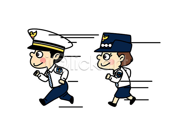 남자 두명 어린이 여자 AI(파일형식) 일러스트 경찰 경찰복 달리기 직업 직업체험 직업캐릭터