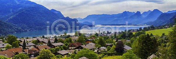 사람없음 JPG 포토 해외이미지 계곡 그림 마을 물 산 시골 알프스 야외 언덕 여름 여행 오스트리아 유럽 자연 주택 초록색 타운 파노라마 풍경 해외202004 해외포토 호수