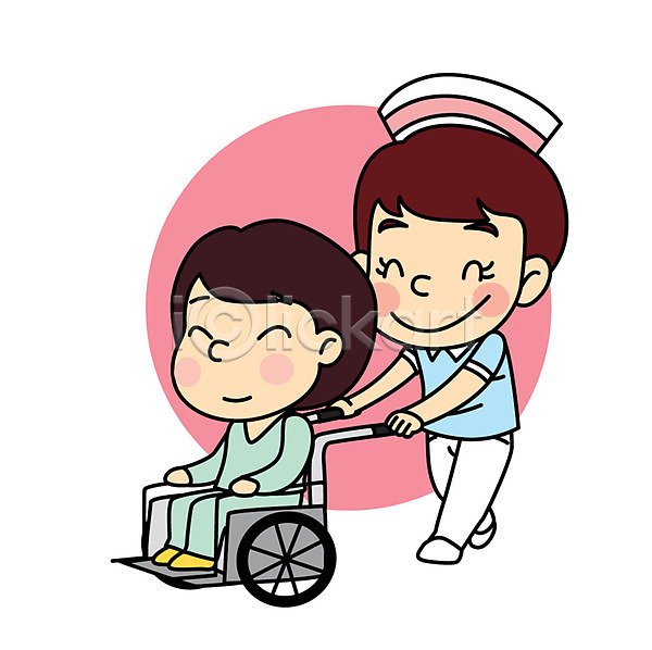 두명 어린이 여자 AI(파일형식) 일러스트 간호사 직업 직업체험 직업캐릭터 환자 휠체어