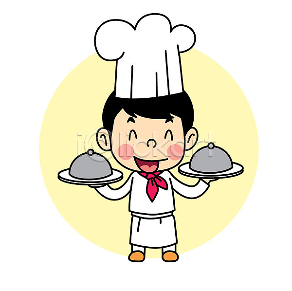 남자 어린이 한명 AI(파일형식) 일러스트 요리 요리사 웃음 쟁반 조리복 직업 직업체험 직업캐릭터