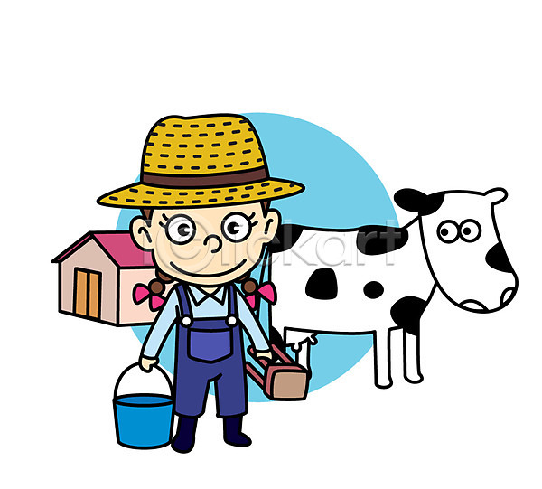 남자 어린이 한명 AI(파일형식) 일러스트 농장 우유 젖소 직업 직업체험 직업캐릭터 캐릭터